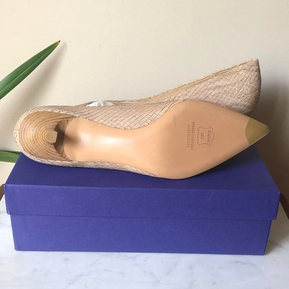 Stuart Weitzman Tan Wood Snake Pointed-Toe Kitten Heels